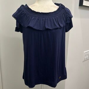 NWOT- MICHAEL Michael Kors Short Sleeves Ruffled Neckline Blue Blouse. Size M
